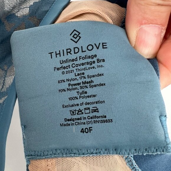 ThirdLove Unlined Foliage Perfect Coverage Bra Cornflower Blue with Nude 40F DDD - Picture 4 of 8